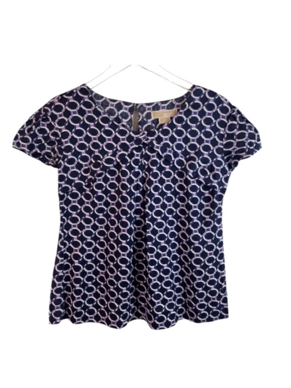 MICHAEL KORS 100% Linen classic navy & white geometric short sleeve top size 12